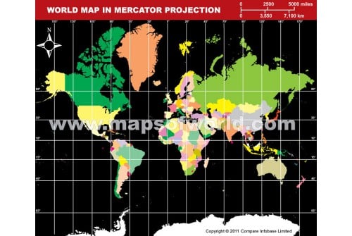 World Map in Mercator Projection (Dark Background)