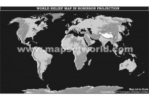World Physical Map in Robinson Projection (Grayscale)
